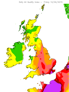 Friday's forecast, with red and purple areas the worst affected