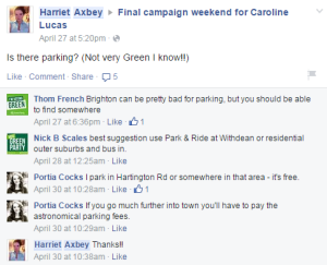 Greens youth rally parking Facebook exchange