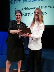 City College Achiever of the Year Katie Bates with interim principal Monica Box