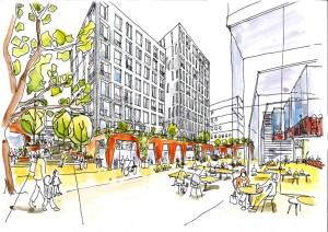 A sketch of a a proposed public space on the redevloped Preston Barracks site