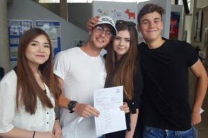 Amy Connacher, Megan Woodford, Gus Simon and Jamie Piper celebrate their A-level results